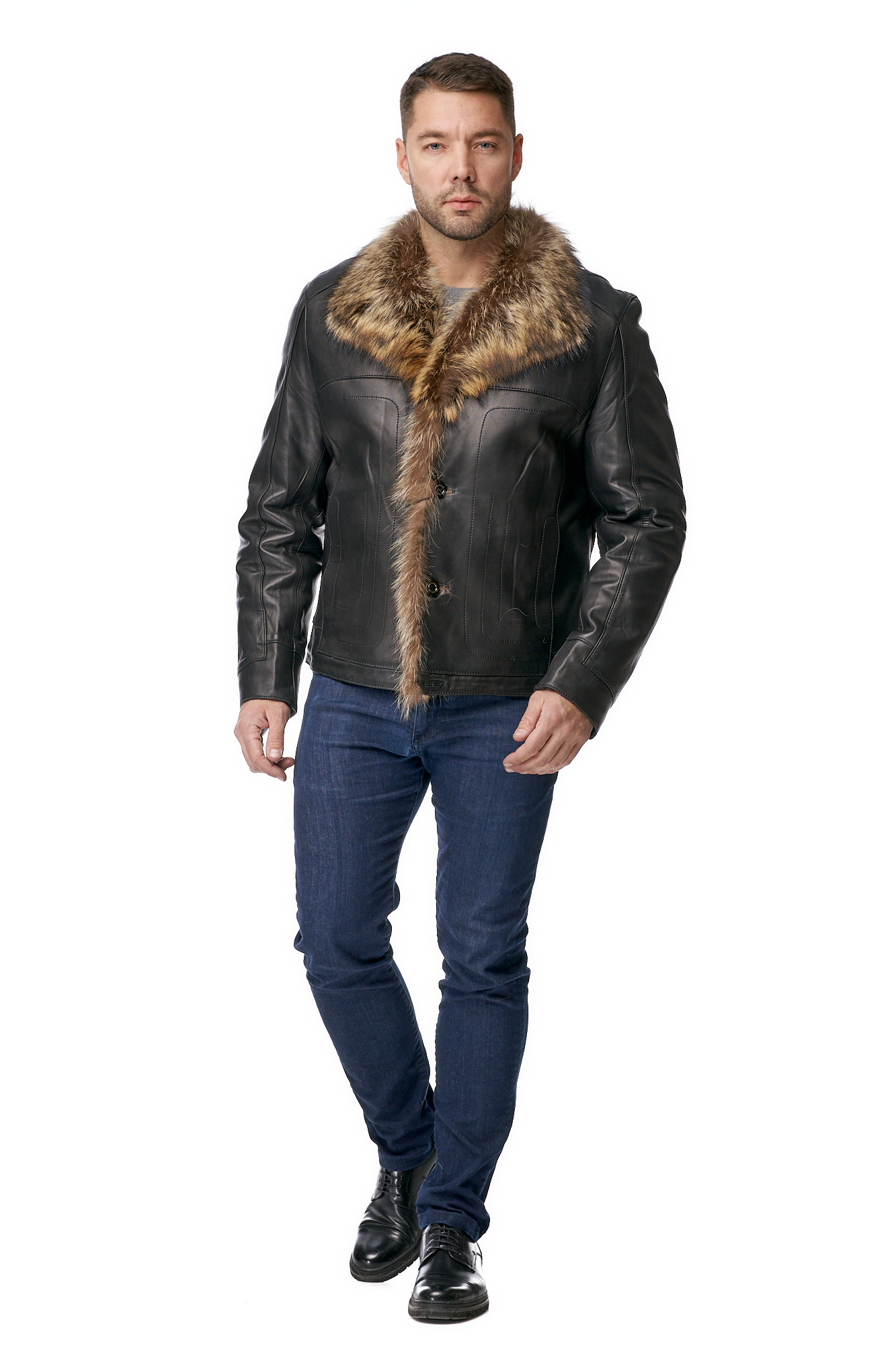 Мужская кожаная куртка из натуральной кожи с воротником, отделка енот