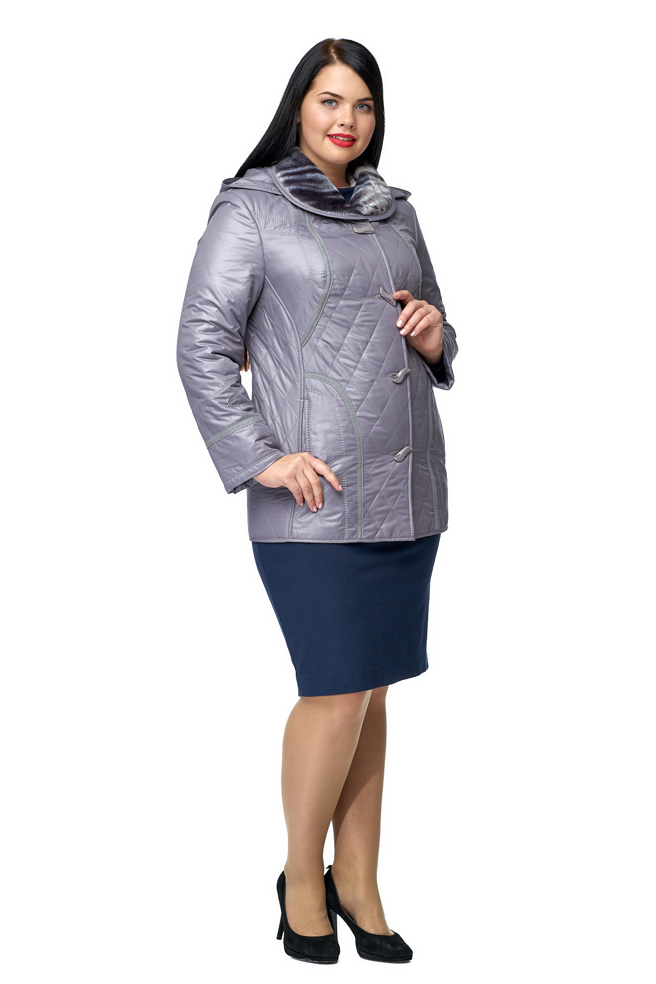 Куртка женская из текстиля с капюшоном, отделка искусственный мех
