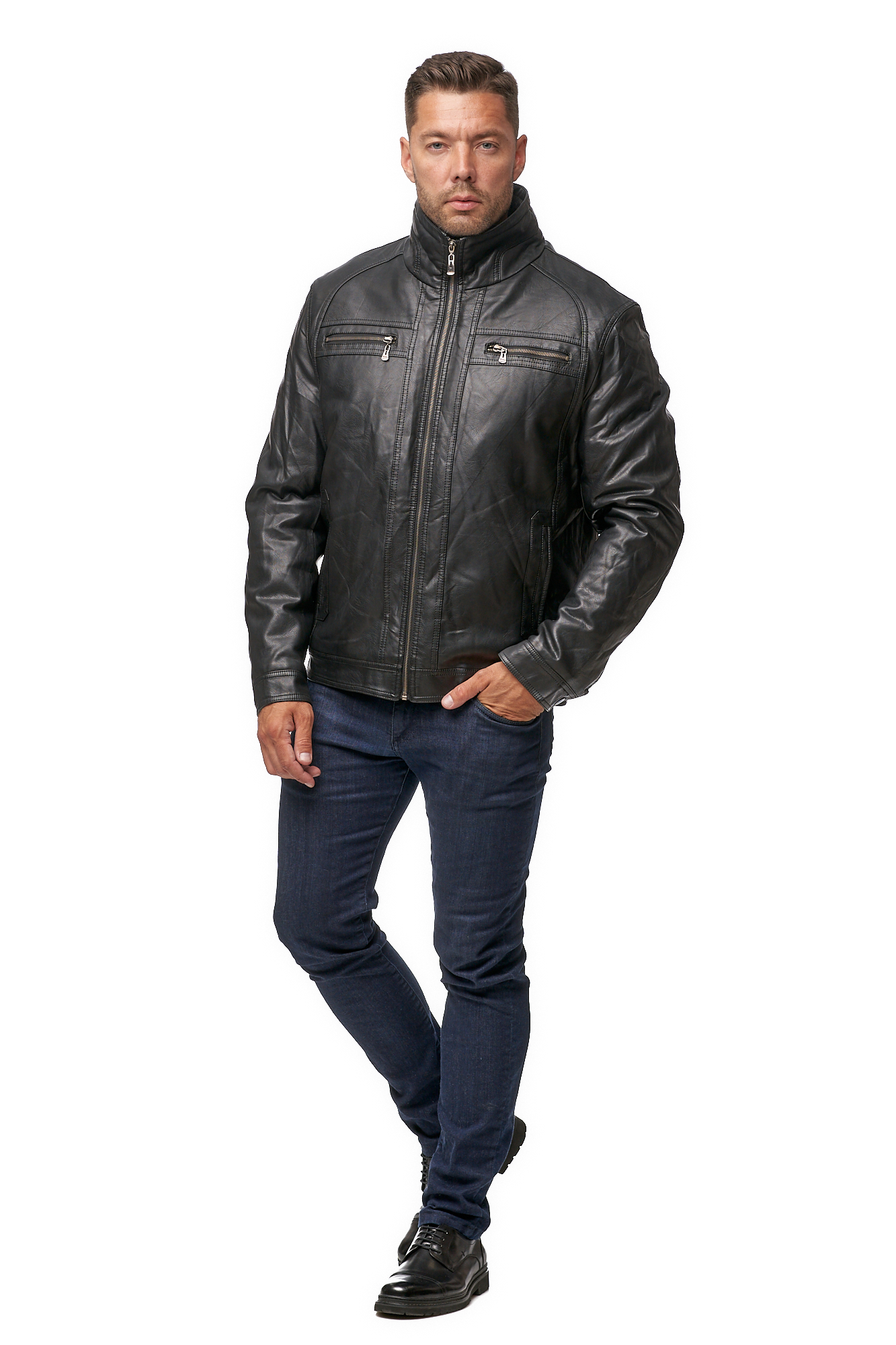 Мужская кожаная куртка из эко-кожи с воротником, отделка искусственный мех МОСМЕХА черного цвета