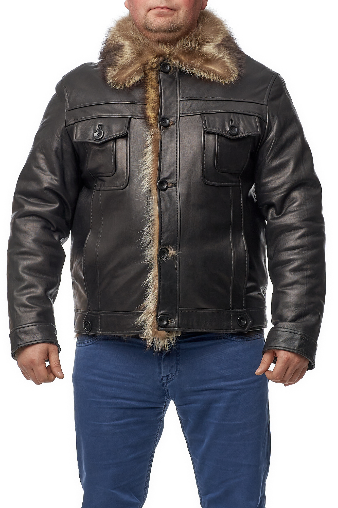 Мужская кожаная куртка из натуральной кожи на меху с воротником, отделка енот