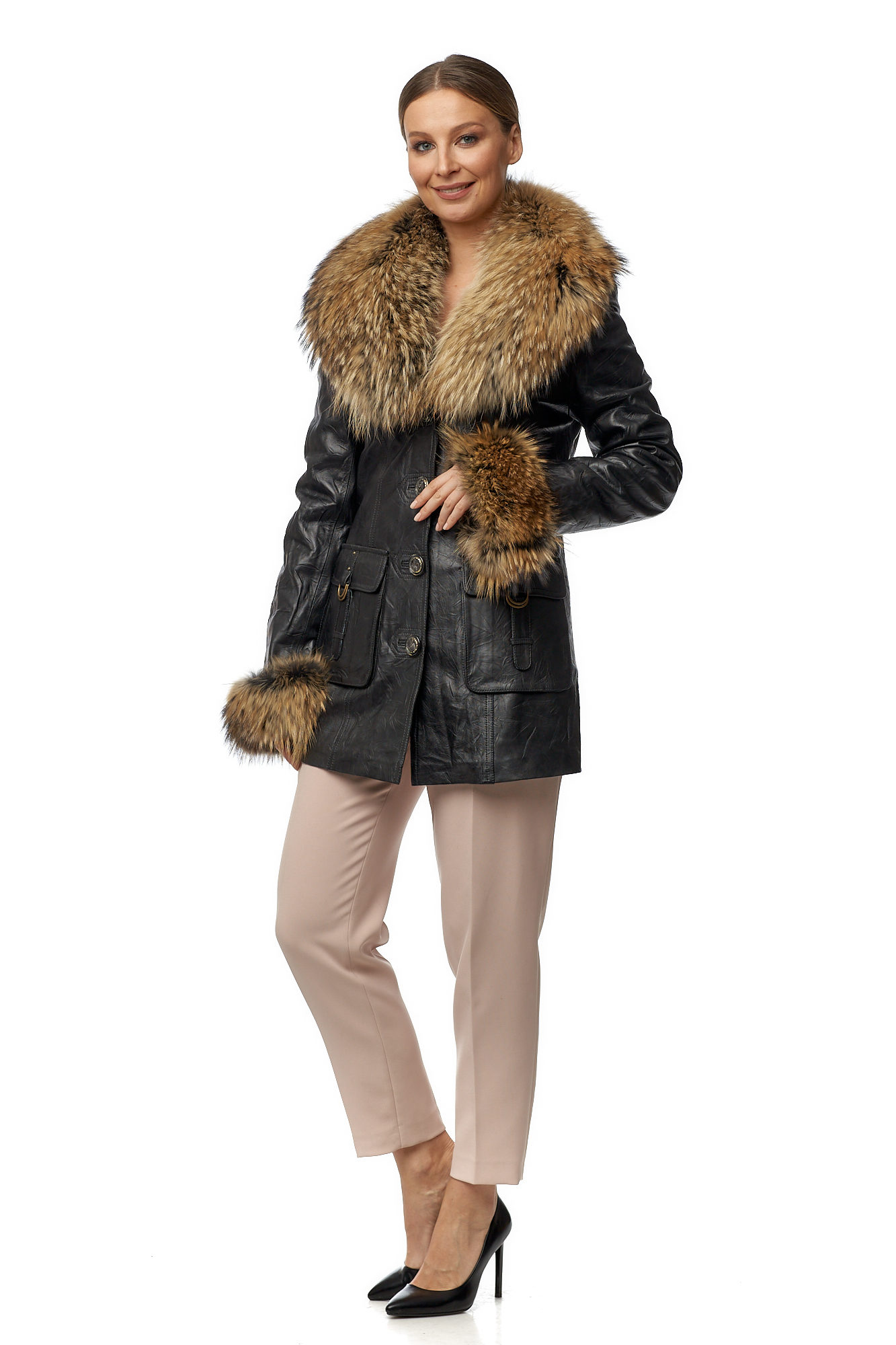 Женская кожаная куртка из натуральной кожи с воротником, отделка енот