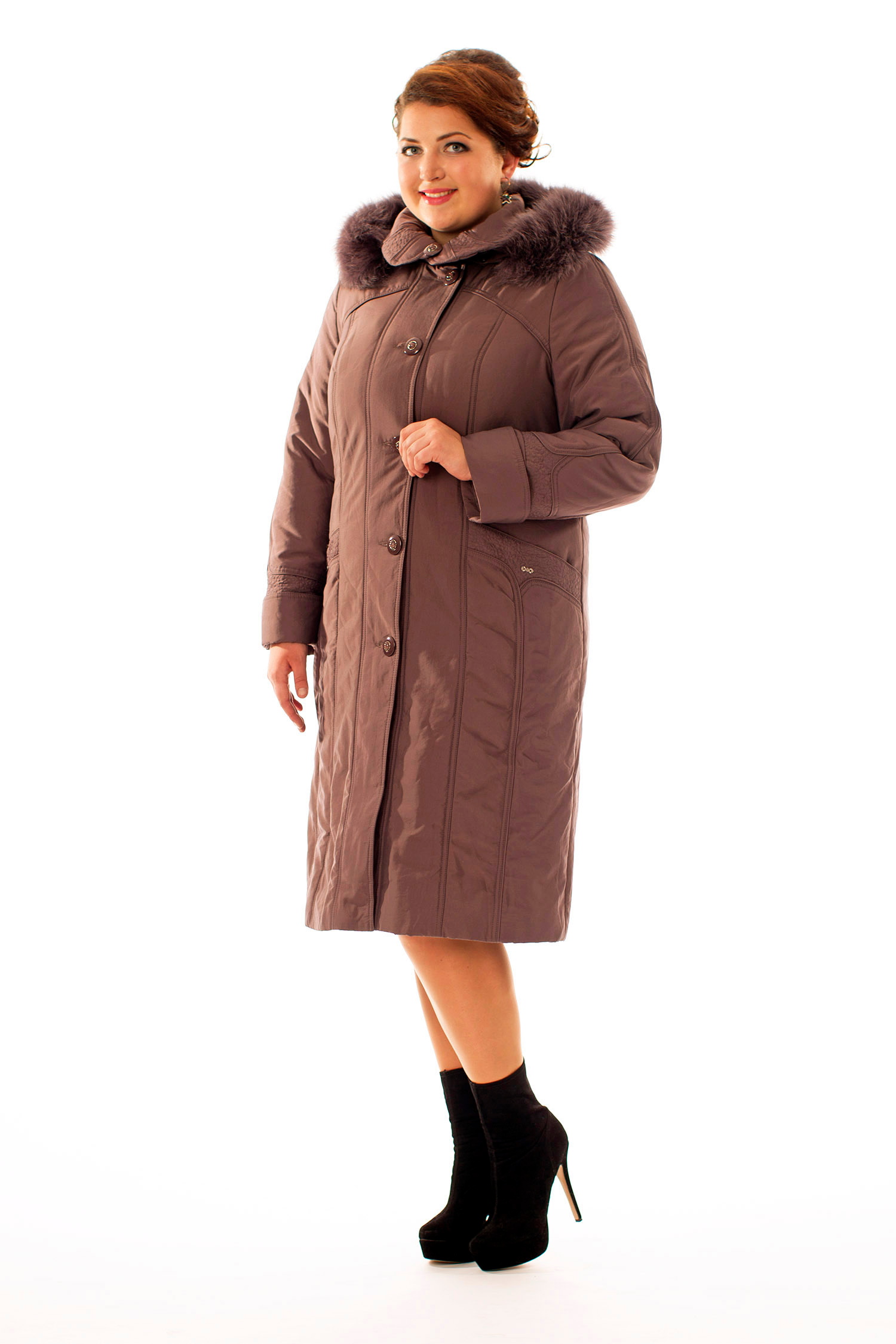 Женское пальто из текстиля с капюшоном, отделка песец МОСМЕХА цвет многоцветный