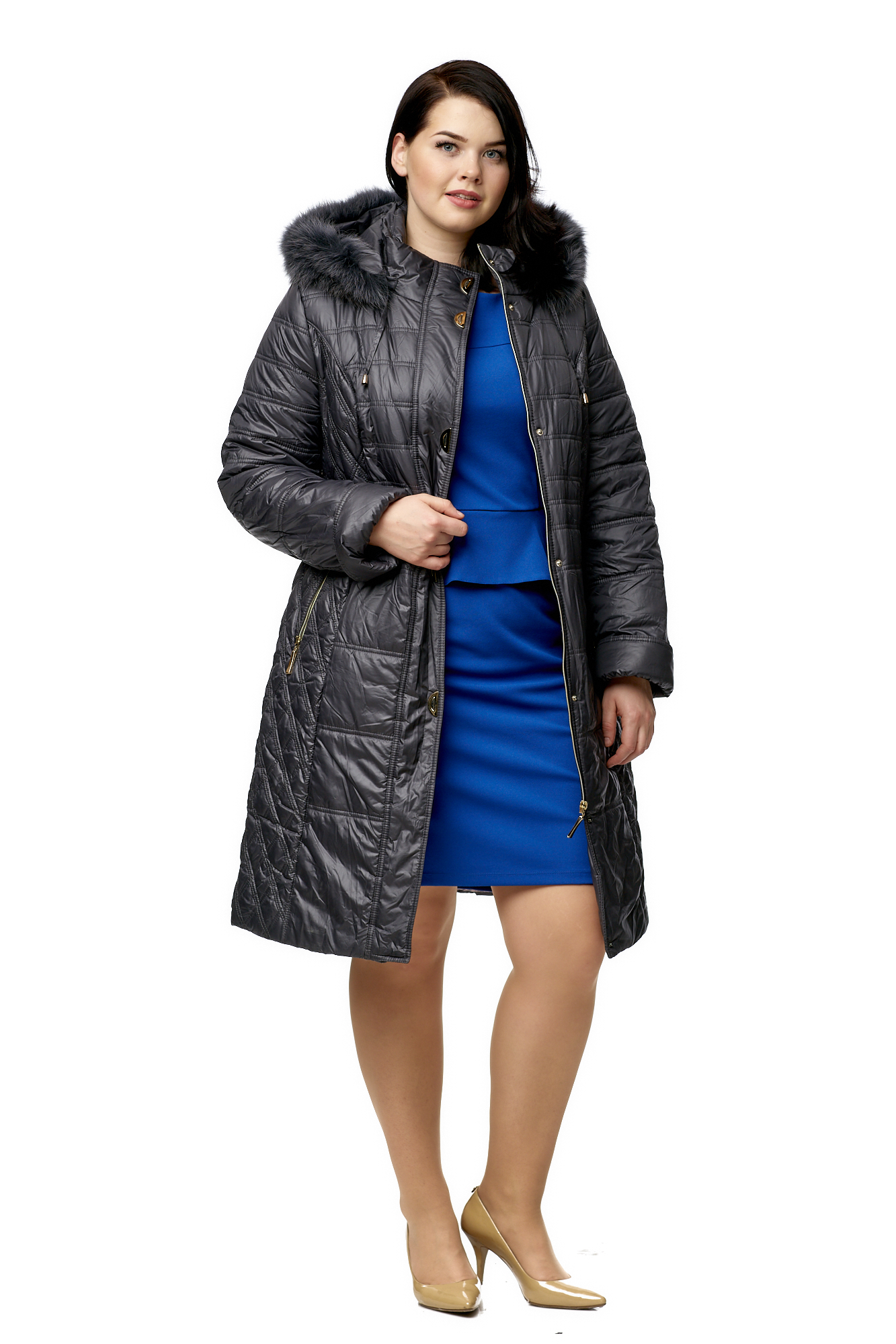 Женское пальто из текстиля с капюшоном, отделка песец МОСМЕХА серый 8016434 