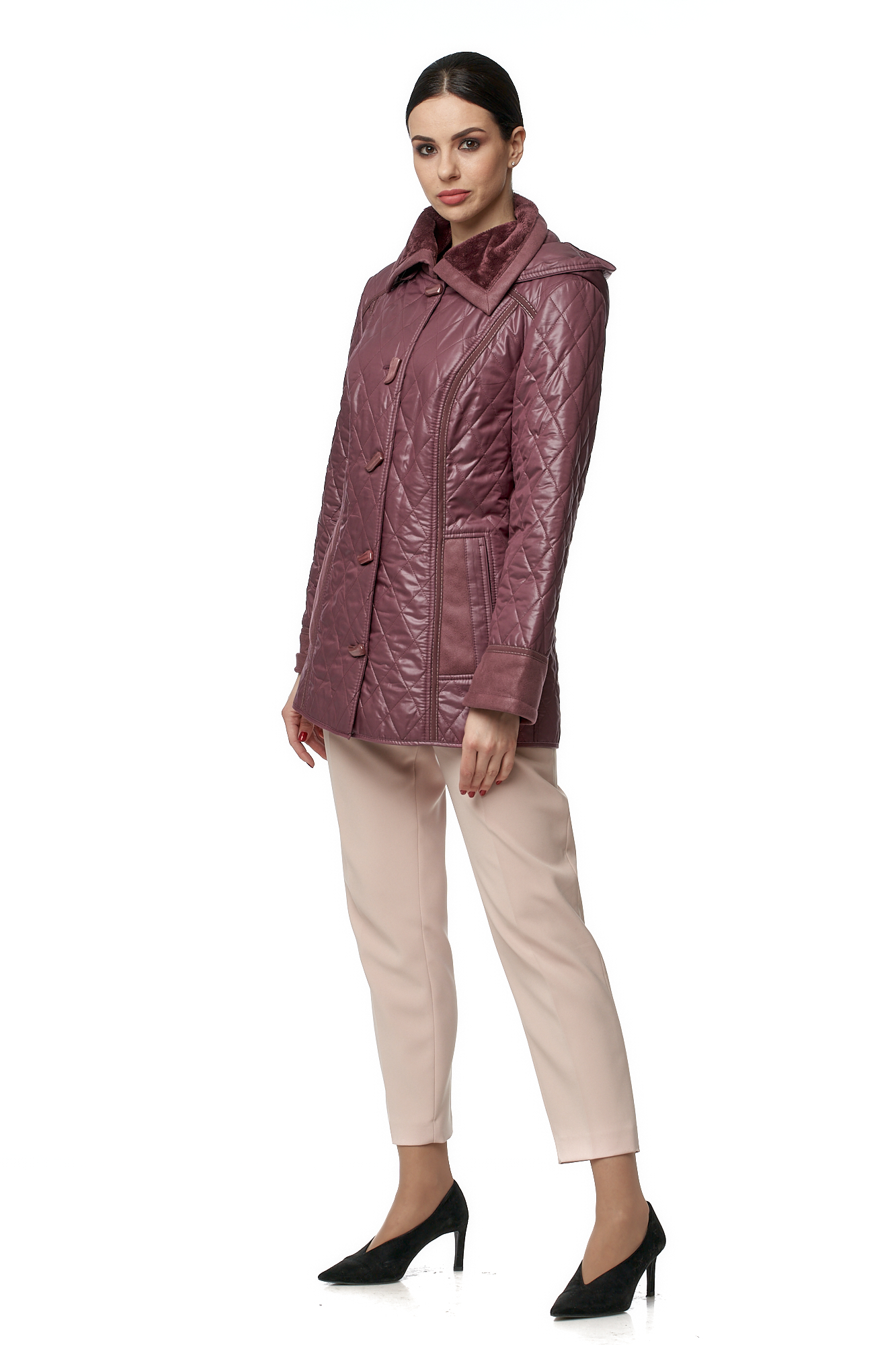 Куртка женская из текстиля с капюшоном, отделка искусственный мех МОСМЕХА фиолетовый 8017313 