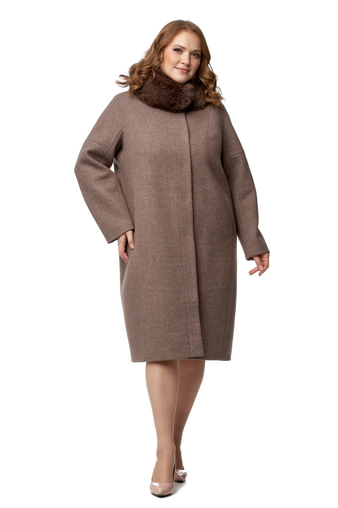 

Женское пальто из текстиля с воротником, отделка песец, Коричневый