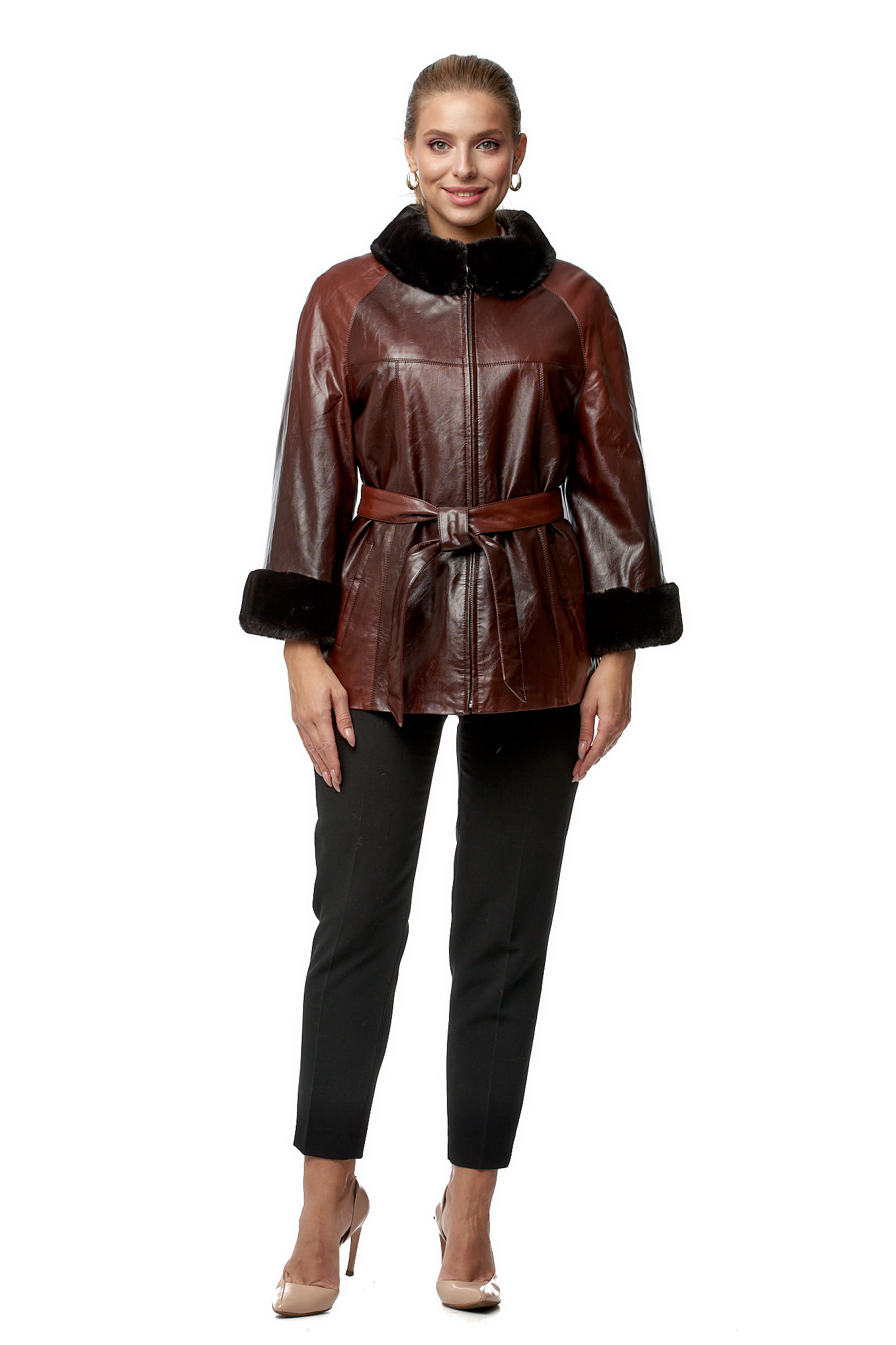 Женская кожаная куртка из эко-кожи с воротником, отделка искусственный мех