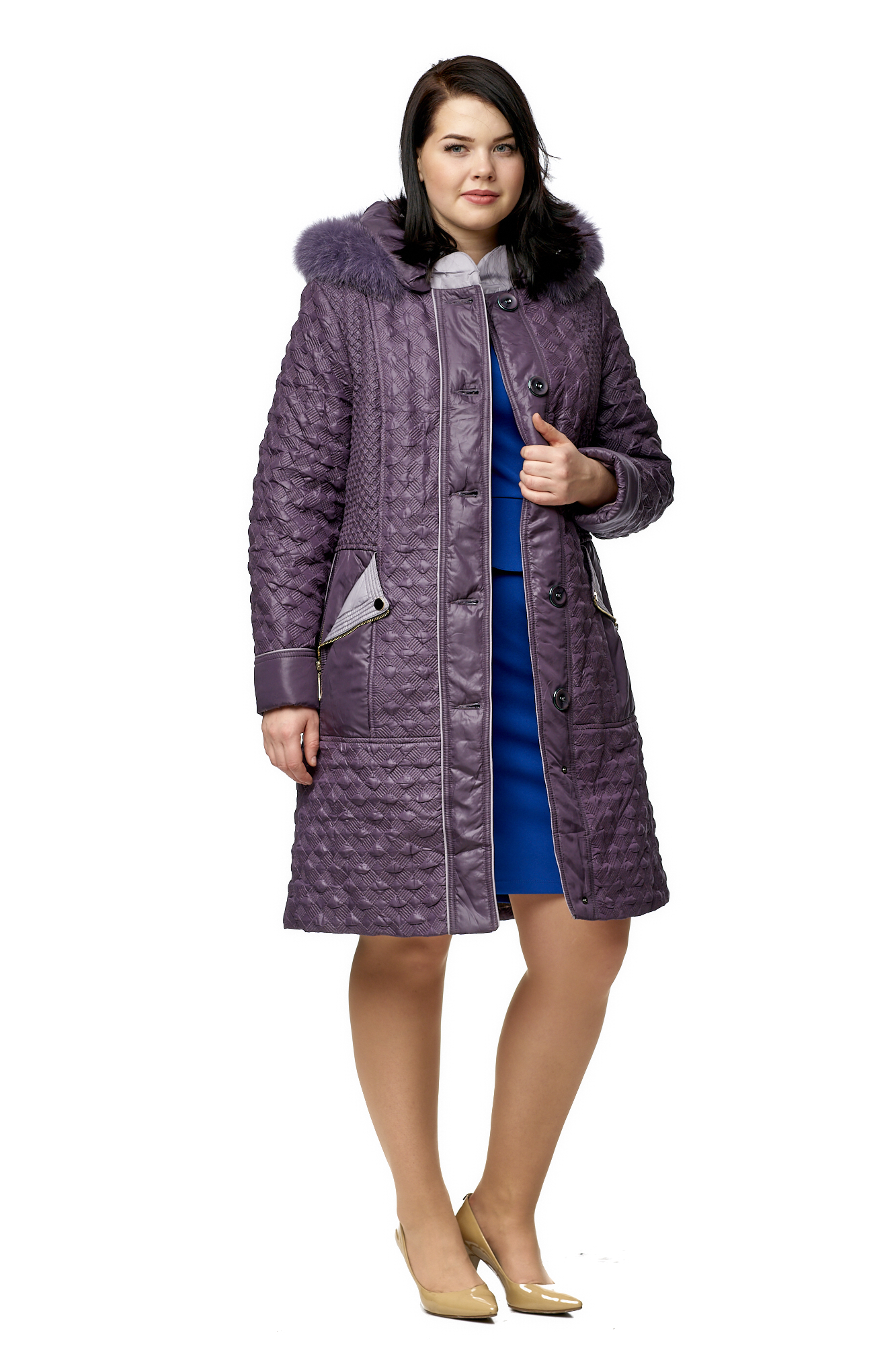 Женское пальто из текстиля с капюшоном, отделка песец МОСМЕХА фиолетовый 8020450 