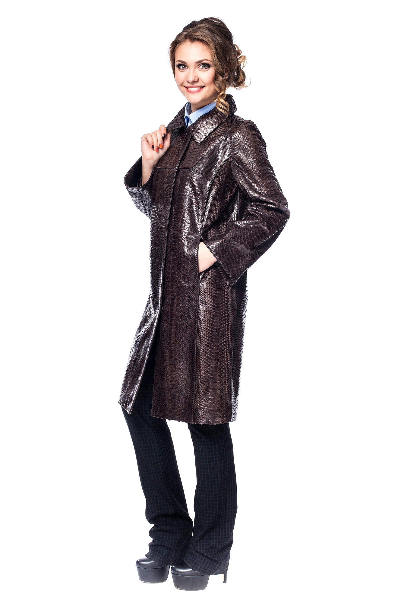 Женское кожаное пальто из натуральной кожи питона с воротником