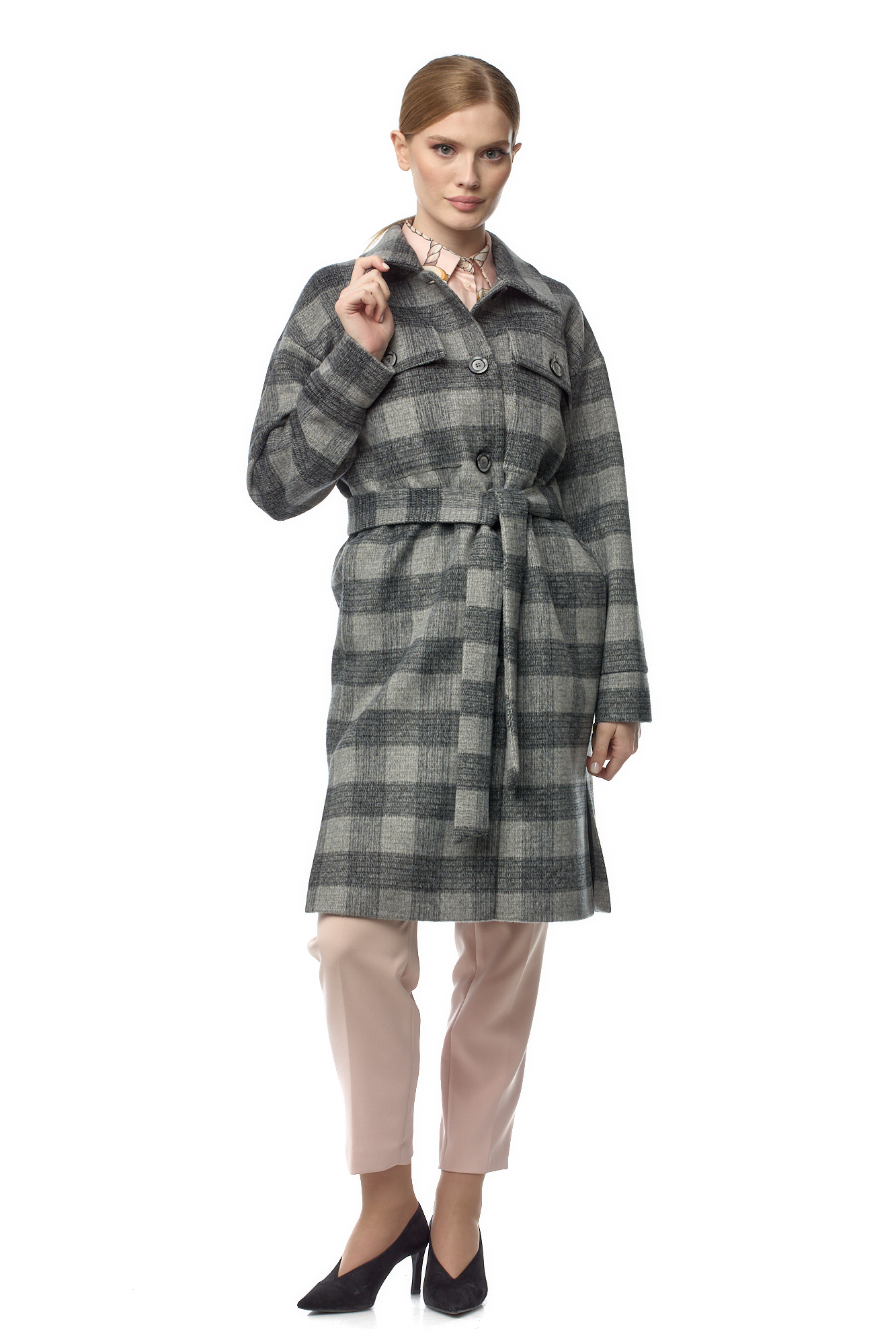 Женское пальто из текстиля с воротником МОСМЕХА Серый 8021511 
