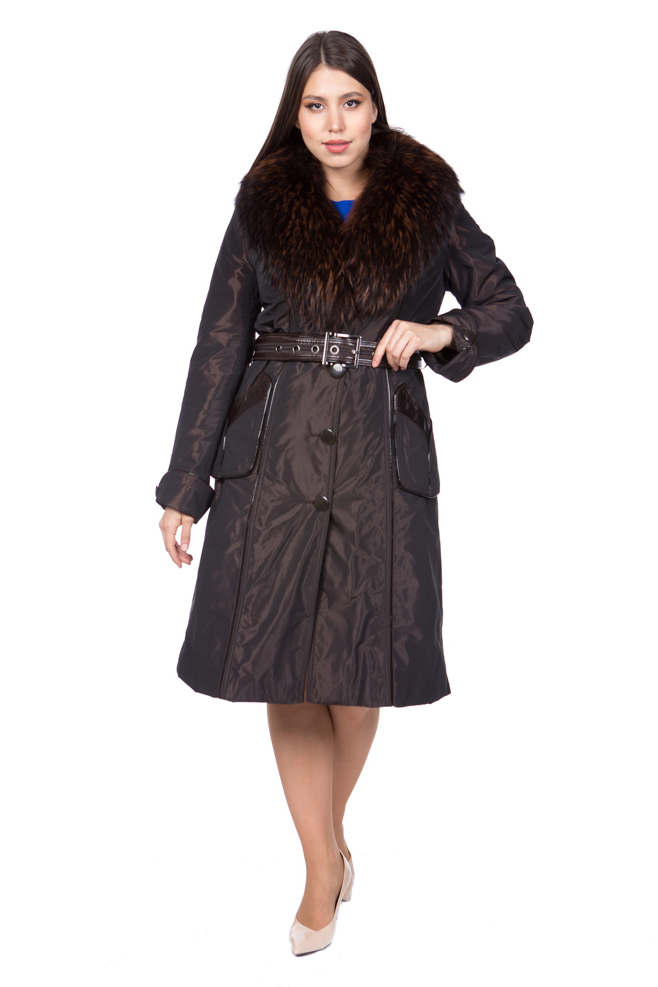 Женское пальто из текстиля с воротником, отделка енот фото 2