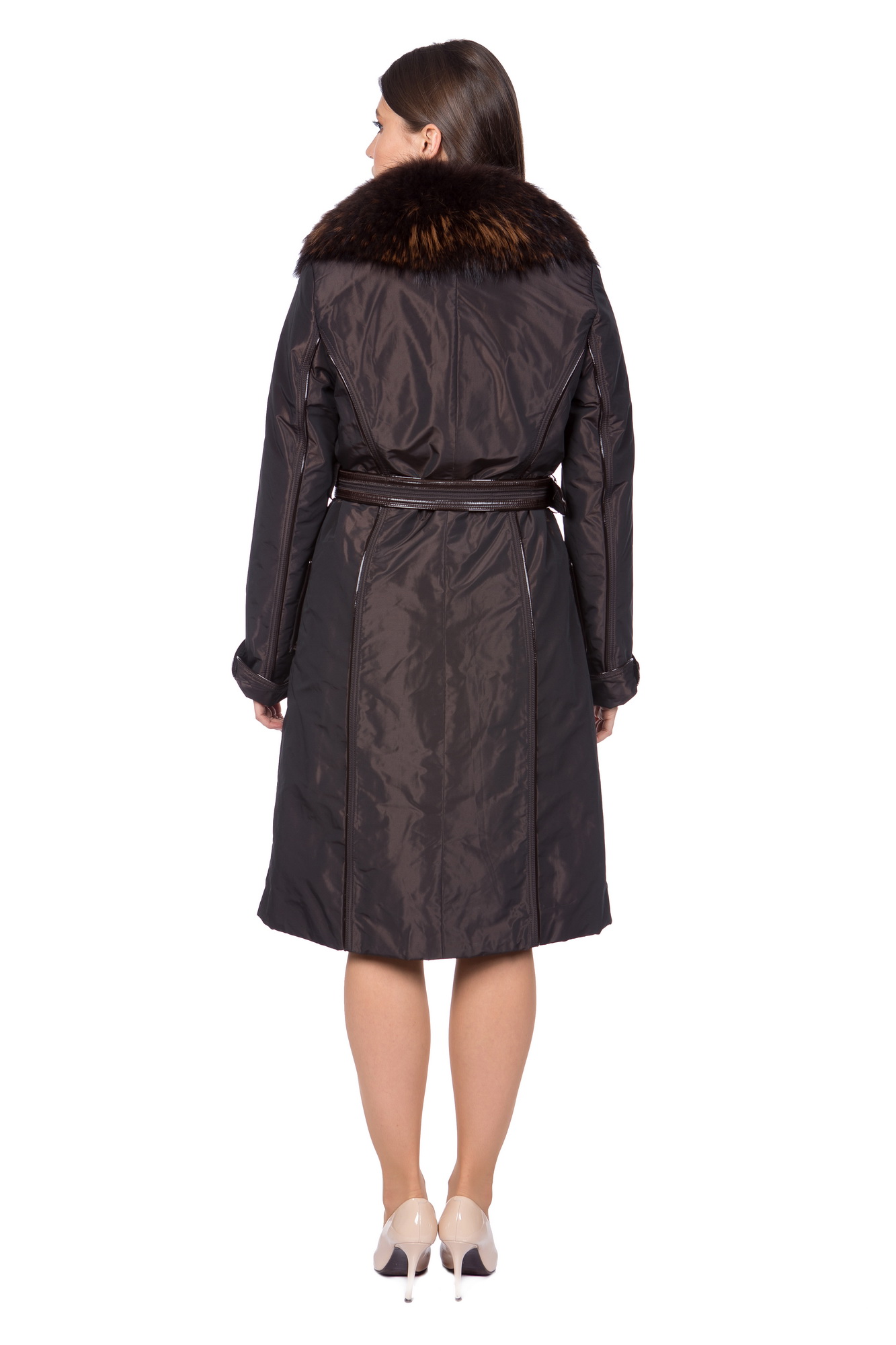 Женское пальто из текстиля с воротником, отделка енот фото 3