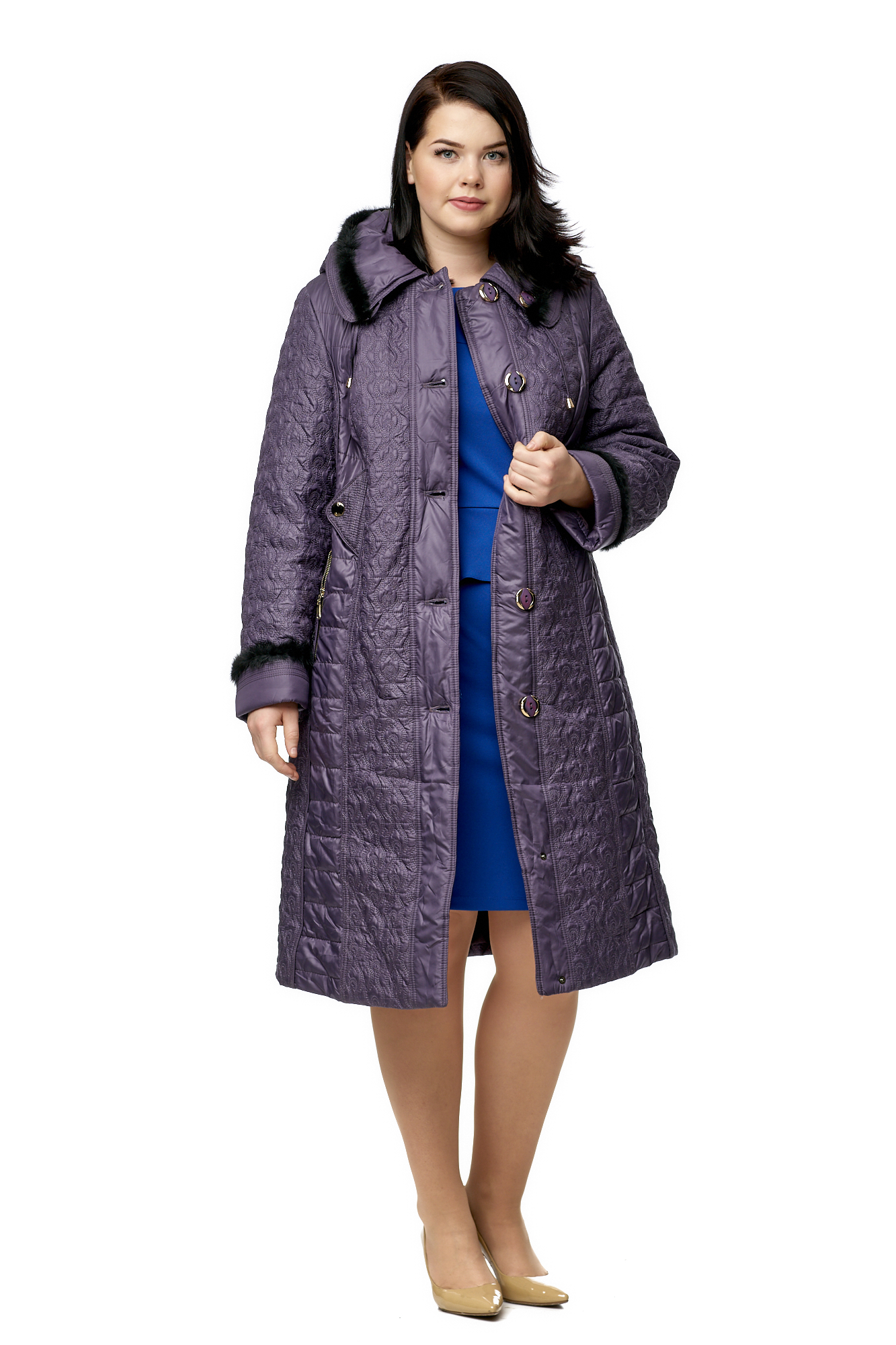 Женское пальто из текстиля с капюшоном, отделка норка МОСМЕХА Фиолетовый 8022094 
