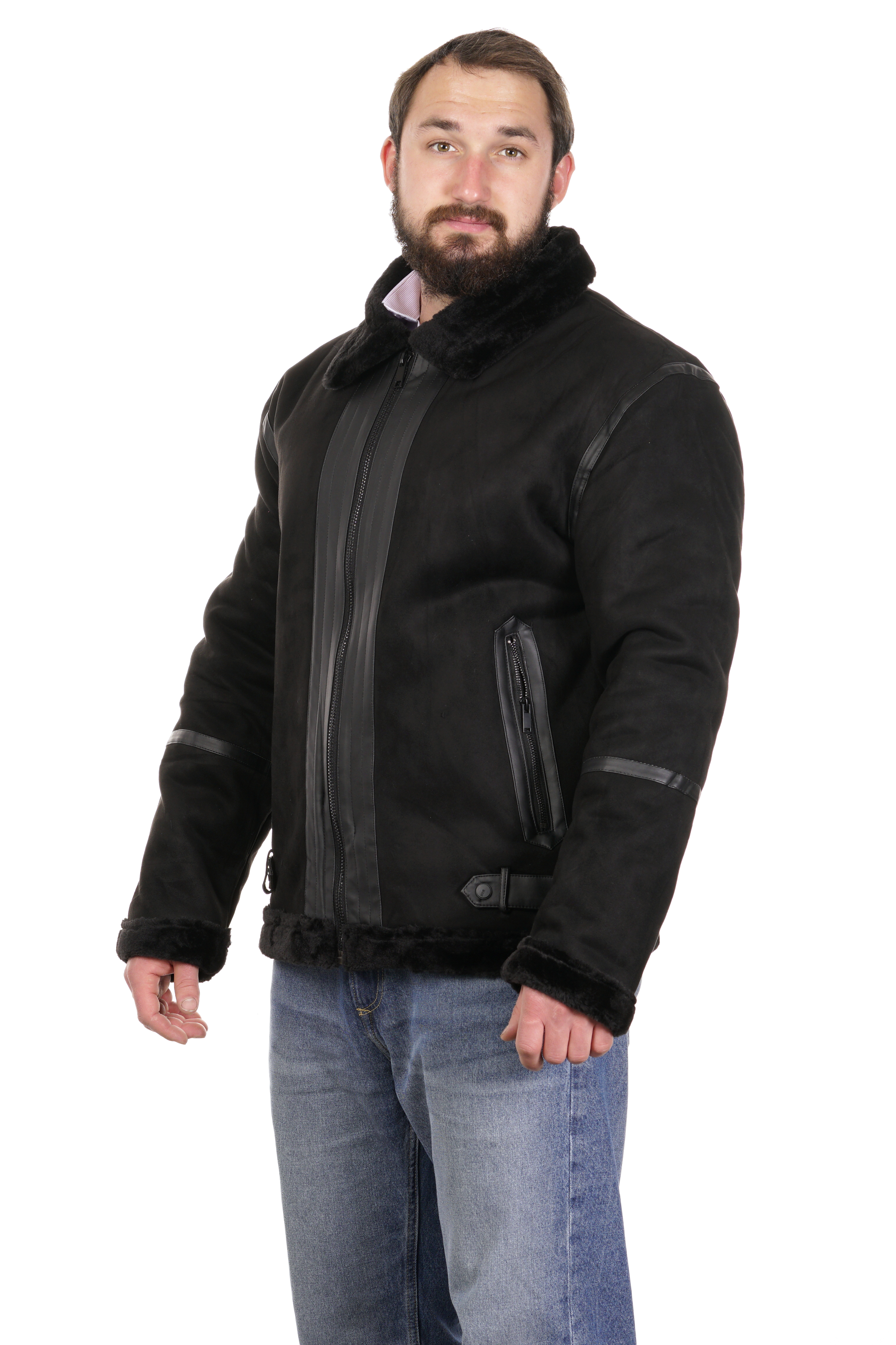 Мужская кожаная куртка из эко-кожи с воротником, отделка искусственный мех МОСМЕХА черного цвета