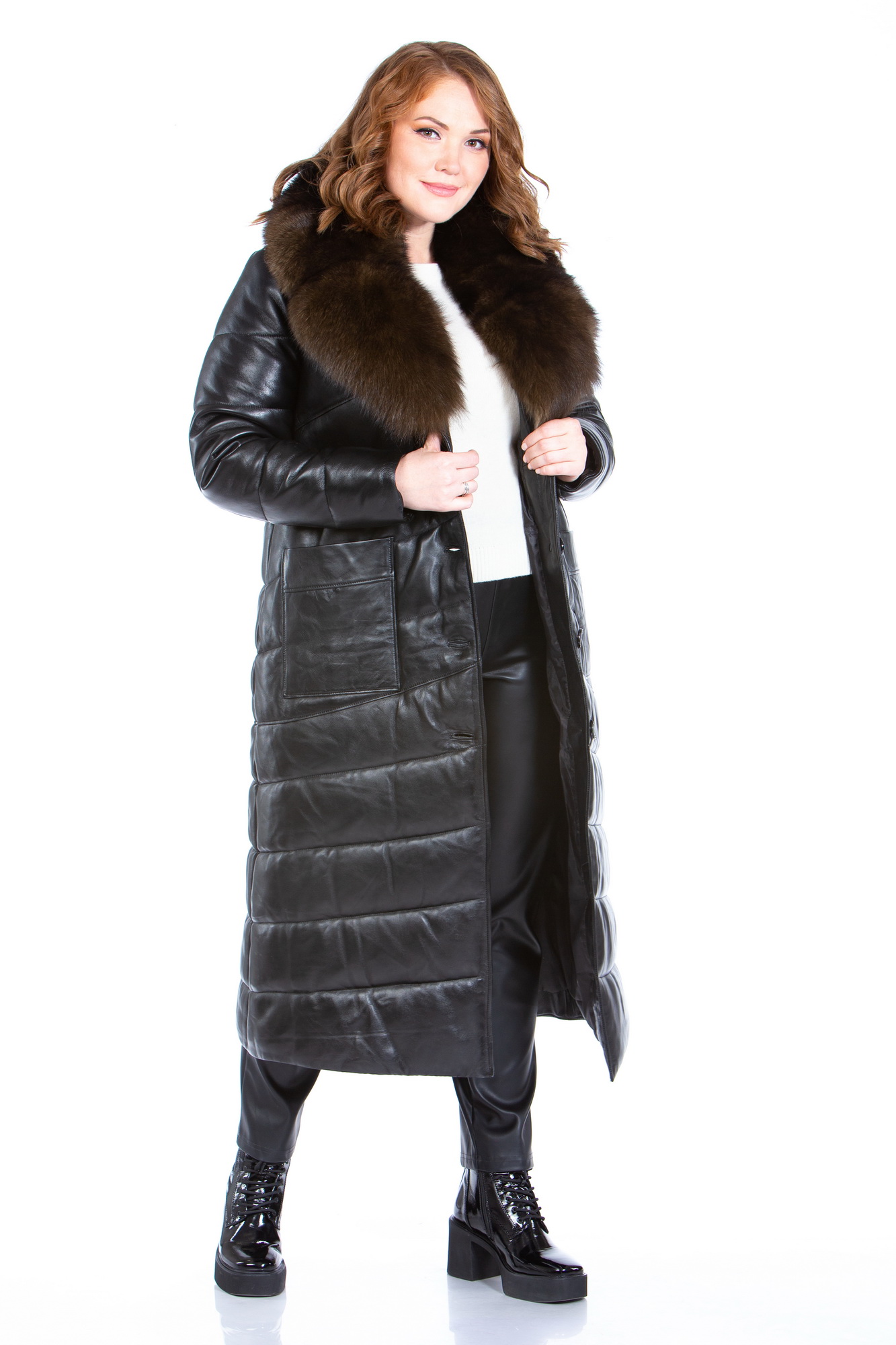 Женское кожаное пальто из натуральной кожи с воротником, отделка песец