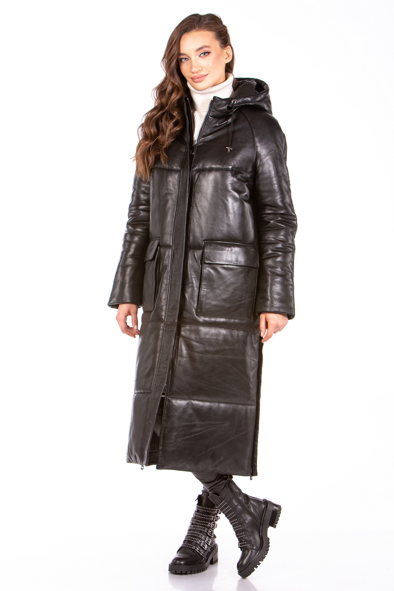 Женское кожаное пальто из натуральной кожи с капюшоном