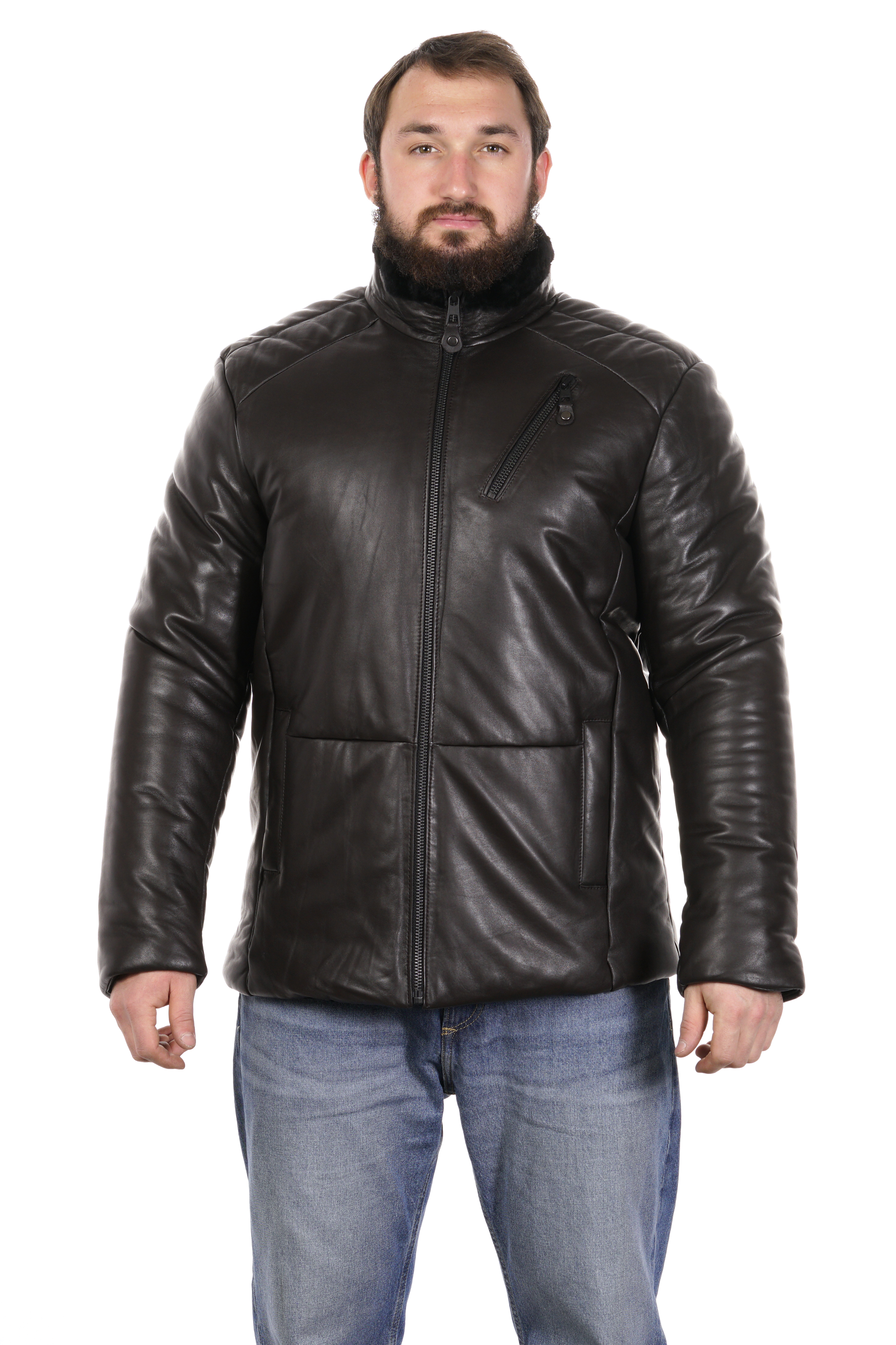 Мужская кожаная куртка из натуральной кожи с воротником МОСМЕХА Коричневый 8023283 