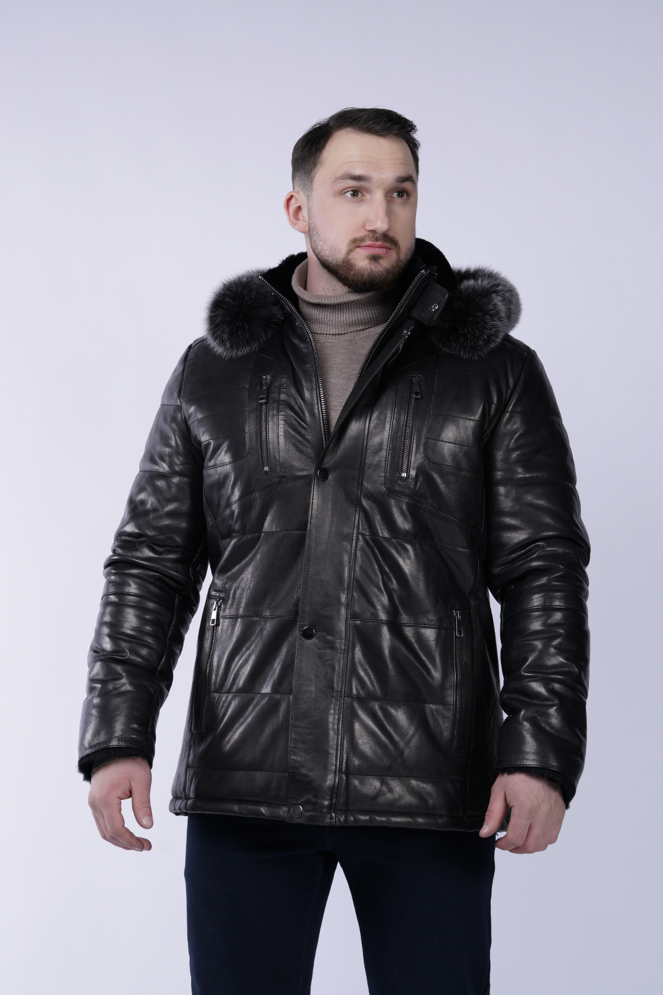 

Мужская кожаная куртка из натуральной кожи на меху с капюшоном, отделка песец, Черный