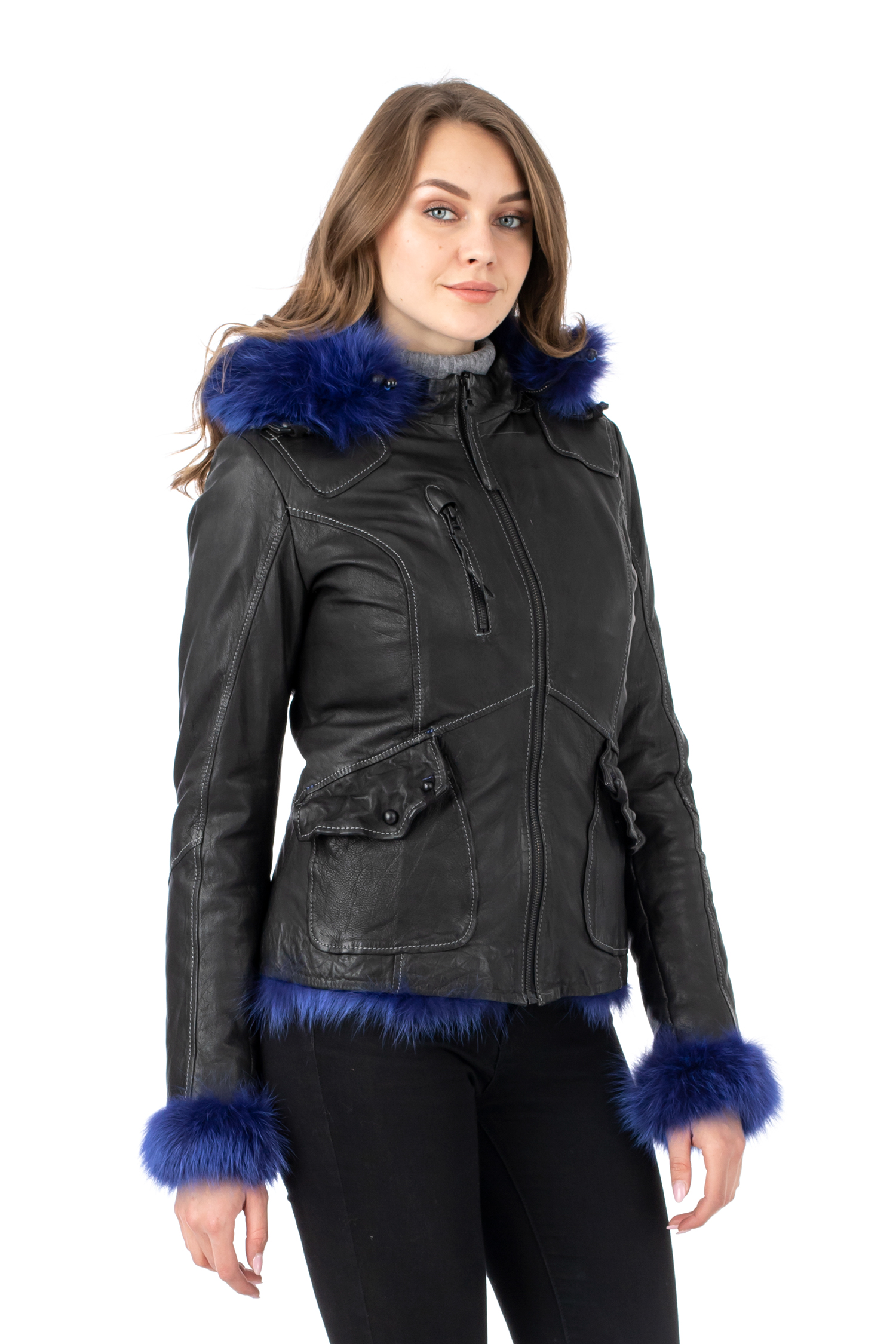 Женская кожаная куртка из натуральной кожи на меху с капюшоном, отделка песец от МОСМЕХА
